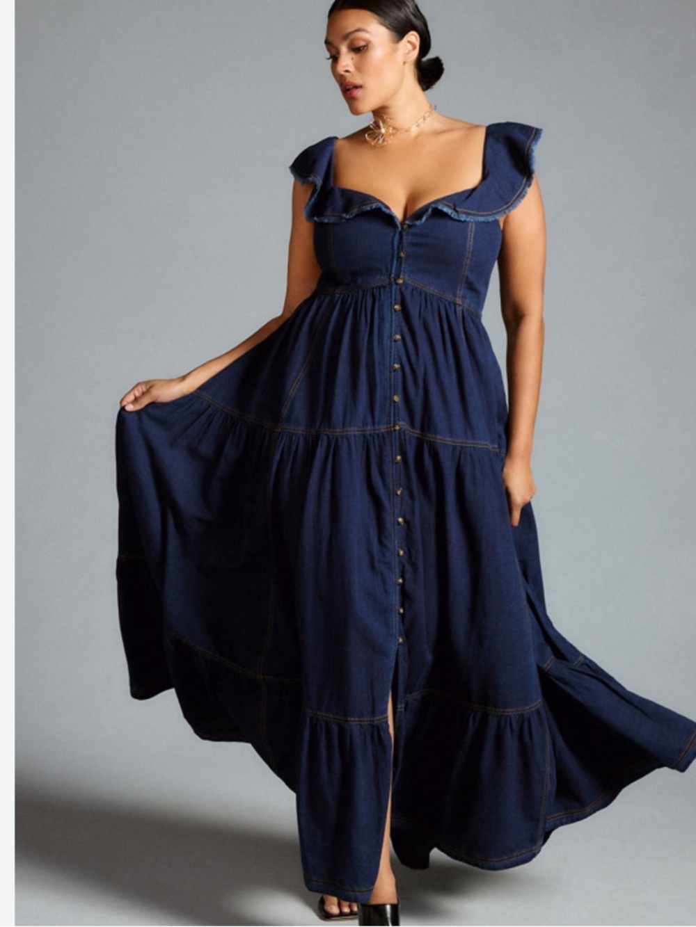 Pilcro Sweetheart Button-Front Denim Maxi Dress with Flutter Sleeves - Picture 2 of 5